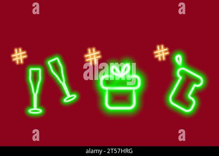 Neon glowing icons with hashtag sign. Design Concept for search, greetings and other different uses. Happy birthday. Isolate. EPS. Vector for poster, banner, billboard, invitation, price, label or web Stock Vector