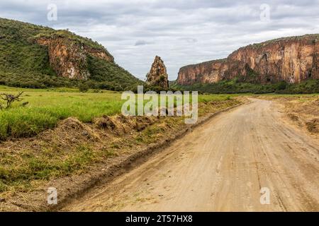 Track in the Hell's Gate National Park, Kenya. The Fisher's Tower visible. Stock Photo