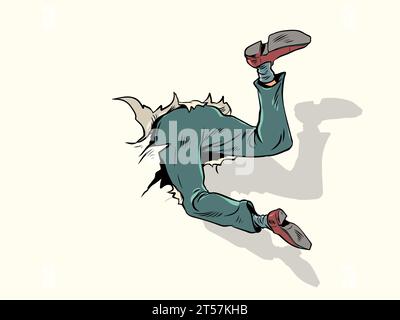 The man is stuck in the canvas. Empty space for your ad. Promotions in the store of trousers and shoes. Comic cartoon pop art retro vector illustratio Stock Vector