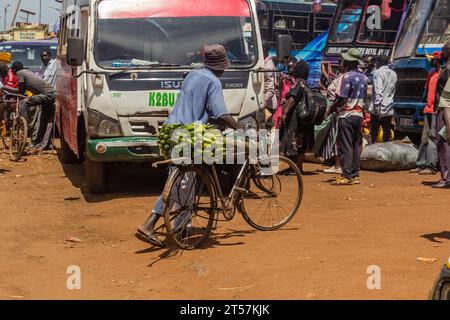 BUSIA, KENYA - FEBRUARY 24, 2020: Man carrying a bunch of bananas on his bicycle in Busia, Kenya Stock Photo