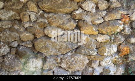close-up of a surface of rounded cobblestones in a fragment of stonework, aged from time and environmental influences, texture of boulders Stock Photo