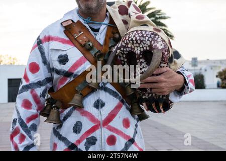 Spain, Canary Islands, Lanzarote, Teguise: Los diabletes, traditional carnival mask in Teguise. Stock Photo