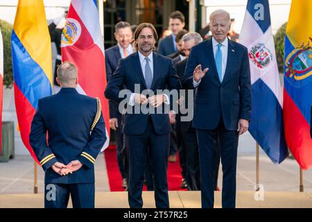 Washington, United States. 03rd Nov, 2023. US President Joe Biden (R) and President of Uruguay Luis Lacalle Pou (L) arrive for the family photo at the inaugural Americas Partnership for Economic Prosperity Leaders' Summit on the South Portico of the White House in Washington, DC on Friday, November 3, 2023. The summit is aimed to deepen the mutual benefit in trade, manufacturing, immigration and other sectors among the Western Hemisphere nations. Photo by Shawn Thew/UPI Credit: UPI/Alamy Live News Stock Photo