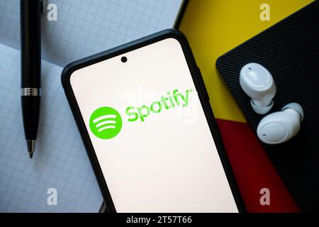 In this photo illustration a Spotify logo seen displayed on a smartphone. (Photo by Mateusz Slodkowski / SOPA Images/Sipa USA) *** Strictly for editorial news purposes only *** Stock Photo