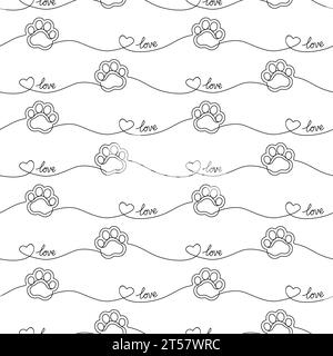 Paw seamless pattern. Repeating cute pet dog or cat background. Repeated modern footprint design for prints. Sample texture black and white silhouette Stock Vector