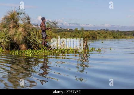 NAIVASHA, KENYA - FEBRUARY 17, 2020: Fisherman on Naivasha lake, Kenya Stock Photo