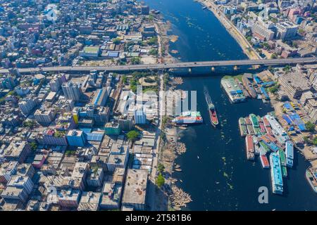 Aerial view of the Buriganga River of sadarghat area during a government-imposed lockdown in Dhaka due to covid-19 outbreak. Dhaka, Bangladesh Stock Photo