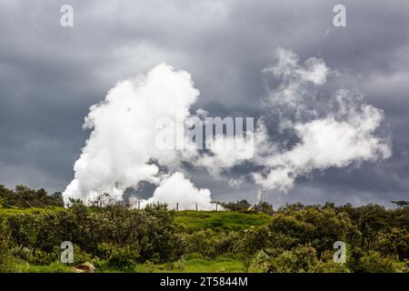 Steam rising above Olkaria Geothermal Power Station in the Hell's Gate National Park, Kenya Stock Photo