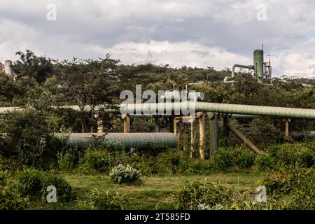 Pipelines of Olkaria Geothermal Power Station in the Hell's Gate National Park, Kenya Stock Photo