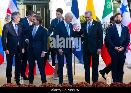 United States President Joe Biden, center, Luis Abinader, President of the Dominican Republic, second right, and President Gabriel Boric of Chile take their places for a family photo with other leaders from the Western Hemisphere while meeting during the inaugural Americas Partnership for Economic Prosperity Leaders Summit at the White House in Washington, DC, on Friday, November 3, 2023. Also pictured at left center is President Luis Lacalle Pou of Uruguay. Prime Minister Justin Trudeau of Canada, is in rear center behind President Biden. Copyright: xChrisxKleponisx/xCNPx/MediaPunchx Stock Photo