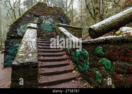 Old public bathroom, known as "Witch's Castle", in Portland Oregon's Forest Park. Stock Photo