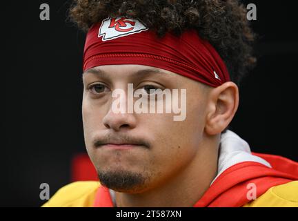 03 November 2023, Hesse, Frankfurt/Main: American Football: NFL, Before the season game Kansas City Chiefs - Miami Dolphins, Chiefs press conference. Kansas City Chiefs quarterback Patrick Mahomes reacts during the press conference on the DFB campus. Photo: Arne Dedert/dpa Credit: dpa picture alliance/Alamy Live News Stock Photo