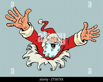 An unexpected surprise for the Christmas holidays. The appearance of profitable offers for customers from the company. Santa Claus suddenly jumps out Stock Vector