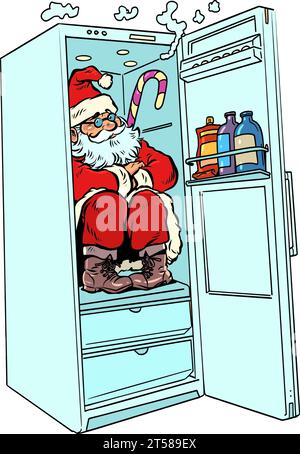 Christmas surprise. Santa Claus is hiding in the refrigerator. Seasonal sales of household appliances. Comic cartoon pop art retro vector illustration Stock Vector