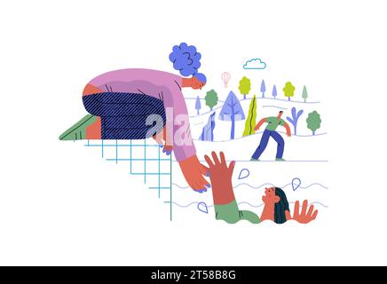 Mutual Support: Save a drowning person -modern flat vector concept illustration of woman reaching out to drowning woman A metaphor of voluntary, colla Stock Vector