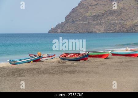 Sao Vicente , Cabo Verde - October 08.2023: Fisher boats at the turtle beach of Sao Pedro on Sao Vicente Island, Cape Verde Stock Photo