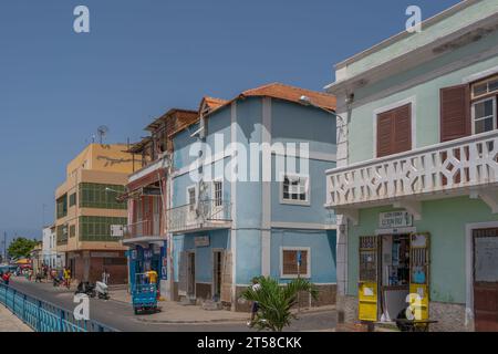 Mindelo, Sao Vicente Island, Cape Verde - October 07.2023: Street scene of Mindelo with colourful building Stock Photo