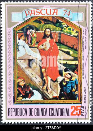 cancelled postage stamp printed by Equatorial Guinea, that shows painting Resurrection by Hans Pleydenwurff (1420-1472), Easter, circa 1974. Stock Photo