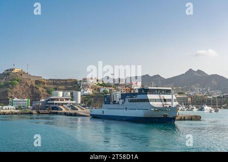 Sao Vicente , Cabo Verde - October 09.2023: Harbour of Mindelo with the ferry to Santo Antao on Cape Verde Island Stock Photo