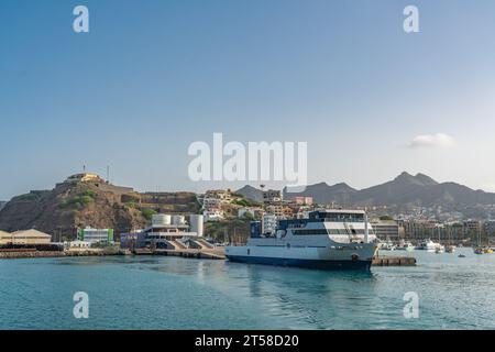 Sao Vicente , Cabo Verde - October 09.2023: Harbour of Mindelo with the ferry to Santo Antao on Cape Verde Island Stock Photo