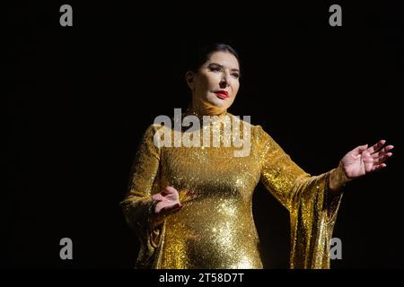 Marina Abramovic (as Maria Callas) in 7 DEATHS OF MARIA CALLAS at English National Opera (ENO), London Coliseum, London WC2  03/11/2023  with music by Marko Nikodijevic  libretto: Petter Skavlan & Marina Abramovic   conductor: Yoel Gamzou  design: Marina Abramovic & Anna Schoetl  costumes: Riccardo Tisci for Burberry  lighting: Urs Schoenebaum  film director: Nabil Elderkin  visual intermezzos: Marco Brambilla  stage director: Marina Abramovic Stock Photo