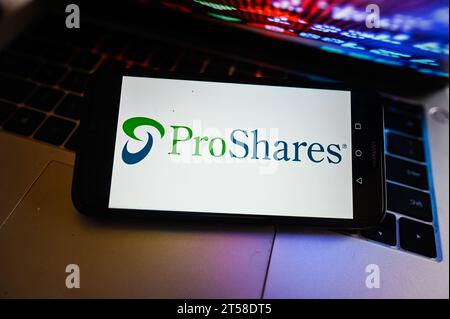 In this photo illustration a ProShares logo is displayed on a smartphone with stock market percentages on the background. Stock Photo