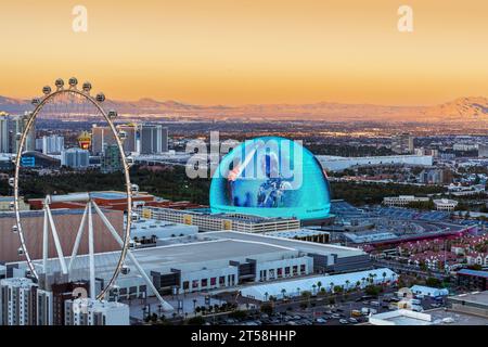 The Sphere, Exosphere is nightly used to display art and advertising Jack O Lantern Aerial View of Skyline, Strip at Night, Neon Lights  Las Vegas, Ne Stock Photo