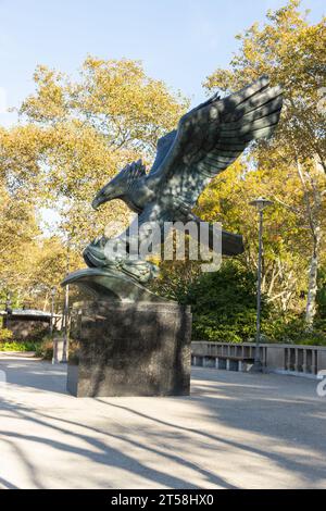 American eagle statue, Battery Park, East coast second world war naval memorial, Lower Manhattan, New York City, United States of America. Stock Photo