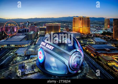 The Sphere, Exosphere is nightly used to display art and advertising Aerial View of Skyline, Strip at Night, Neon Lights  Las Vegas, Nevada , United S Stock Photo