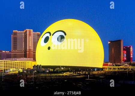 The Sphere, Exosphere is nightly used to display art and advertising Aerial View of Skyline, Strip at Night, Neon Lights  Las Vegas, Nevada , United S Stock Photo