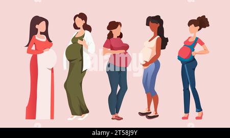 set happy pregnant women mix race future moms hugging belly with arms pregnancy motherhood expectation concept Stock Vector