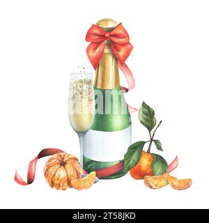 Bottle and glass of champagne with tangerines and a red bow with ribbons. Watercolor illustration, hand drawn. Isolated composition on a white Stock Photo