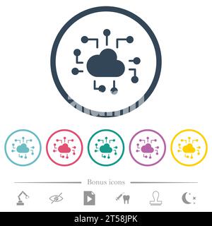 Cloud technology solid flat color icons in round outlines. 6 bonus icons included. Stock Vector