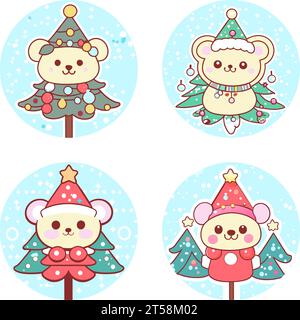 graphic illustrated Set of Christmas Tree Cute Teddy Bear Doll Festive illustration vector Stock Vector