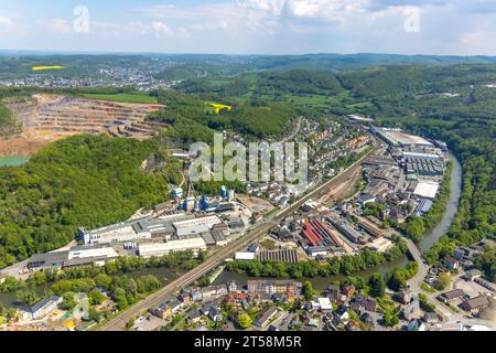 Aerial view, HKW Asphalt asphalt mixing plant at Steltenberg quarry, Oeger Straße industrial estate, River Lenne, Hohenlimburg, Hagen, Sauerland, Nort Stock Photo