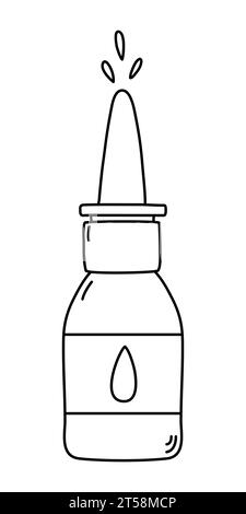 Bottle with medical drops, nasal spray medicine, eye or ear drops, cold and flu treatment, doodle style flat vector outline illustration for kids coloring book Stock Vector