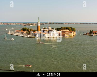 Bird's eye view taken from the Campanile of St. Mark's Square in Venice, Italy. In the center of the Grand Canal the Abbey of San Giorgio Maggiore. Stock Photo