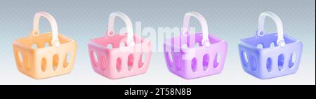 3D set of shop baskets isolated on transparent background. Vector realistic illustration of plastic shopping bags, empty color boxes for buying goods, Stock Vector