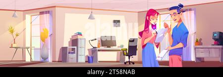 Business office interior with two coworkers communicating. Cartoon workspace with computer on table and rack with documents, sun beams through window, coffee machine and man and woman discussing job. Stock Vector