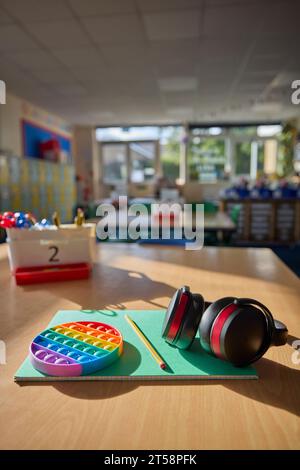 Ear Defenders Or Headphones And Fidget Toy To Help Child With ASD Or Autism On Table In School Classroom Stock Photo