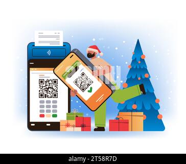 man customer or shopper in santa hat using mobile app with qr code and pos-terminal to make a payment on smartphone online shopping Stock Vector