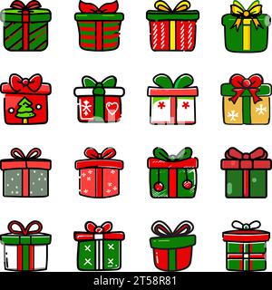 graphic illustrated Present Gift Boxes with Bows Set Christmas Red and Green vector Stock Vector
