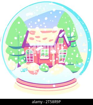 graphic illustrated Glass ball snow globe of winter house illustration vector Stock Vector
