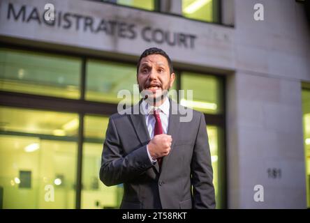London, England, UK. 3rd Nov, 2023. Activist SAYED AHMED ALWADAEI, who was racially abused by Beckenham MP Bob Stewart, is seen making statement outside Westminster Magistrates' Court after the MP was found guilty by court, (Credit Image: © Tayfun Salci/ZUMA Press Wire) EDITORIAL USAGE ONLY! Not for Commercial USAGE! Stock Photo