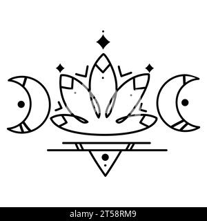 Triple moon with lotus flower magic symbol Line logo icon emblem design.Mystical occult sign with lotus with abstract geometric lines and shapes.Vecto Stock Vector