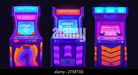 Arcade game machines set isolated on black background. Vector cartoon illustration of retro computer gaming cabinet with buttons, joystick console, coin slots, menu options text on neon display Stock Vector