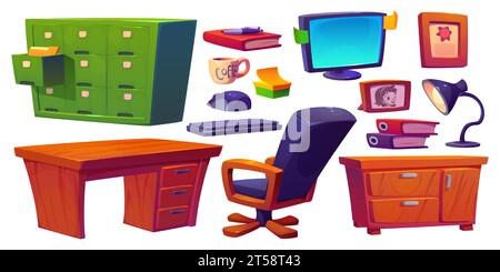Detective office furniture set isolated on white background. Vector cartoon illustration of police station room design elements, desk, armchair, drawer with case folders, computer, lamp, photo frame Stock Vector