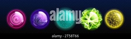 Game assets of fantasy glowing orb with magic power. Realistic vector illustration set of colorful luminous balls of witch or wizard. Energy glass globe with shining plasma with neon light effect. Stock Vector