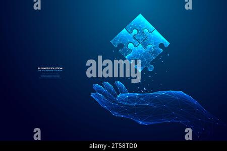 Hand-holding jigsaw puzzle hologram in futuristic light blue style. Stock Vector