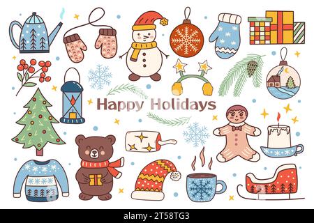 Set of festive New Year and Christmas elements. Ginger cookies, Christmas tree toy and sleigh, teapot, knitted mittens and lantern with candle. Colorf Stock Vector